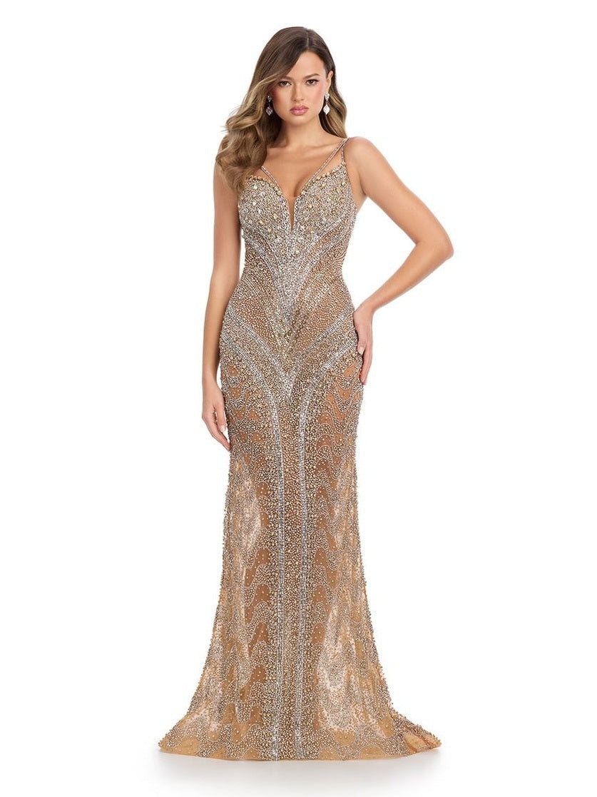 V-Neckline Fully Beaded Crystal Gown