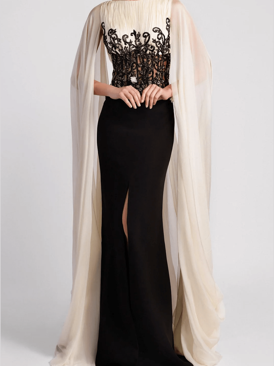 Cape Evening Dress with Contrast Bodice