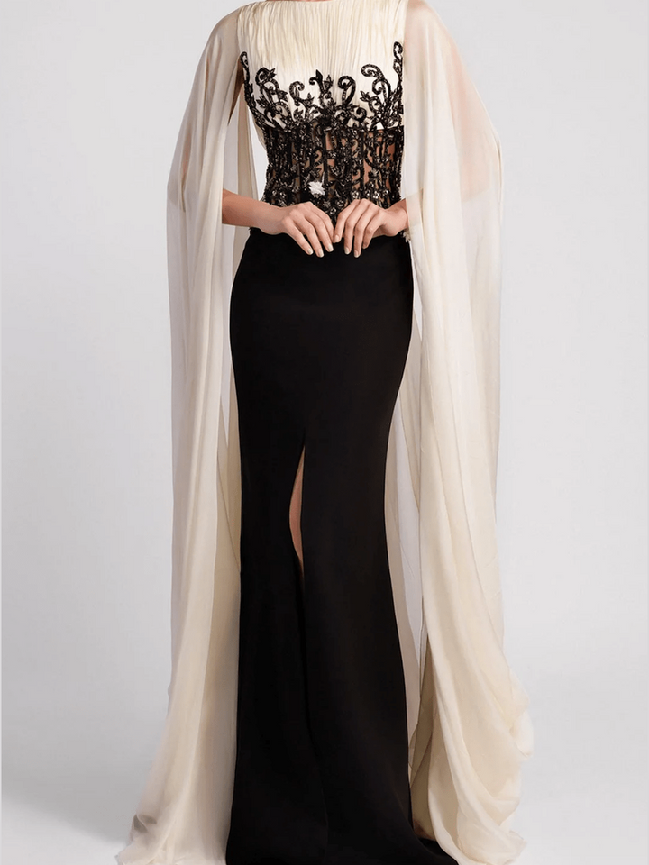 Cape Evening Dress with Contrast Bodice