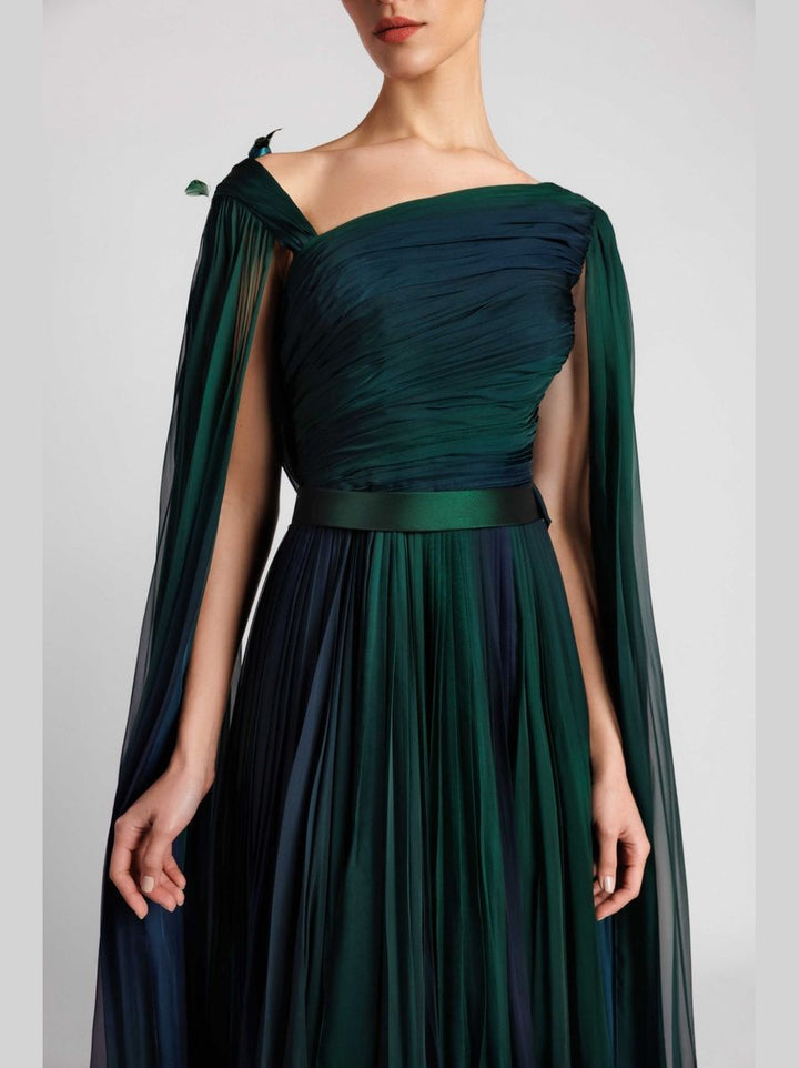 Asymmetric A-Line Dress with Cape Sleeves and Embroidered Tulle Back