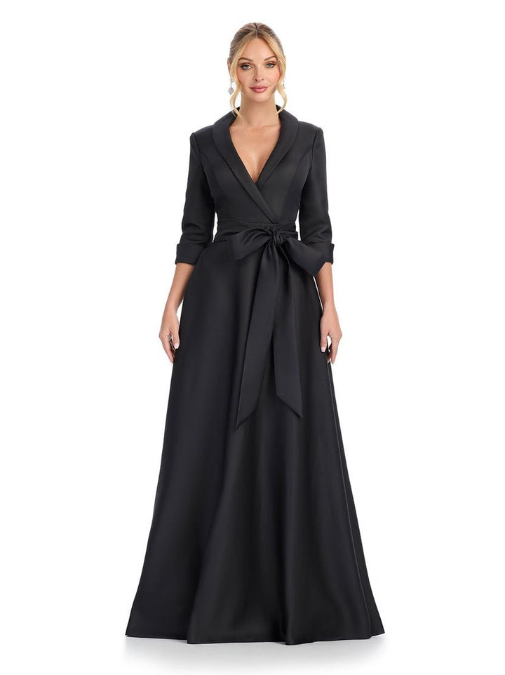 Satin Long Sleeve Gown with Deep V Neckline