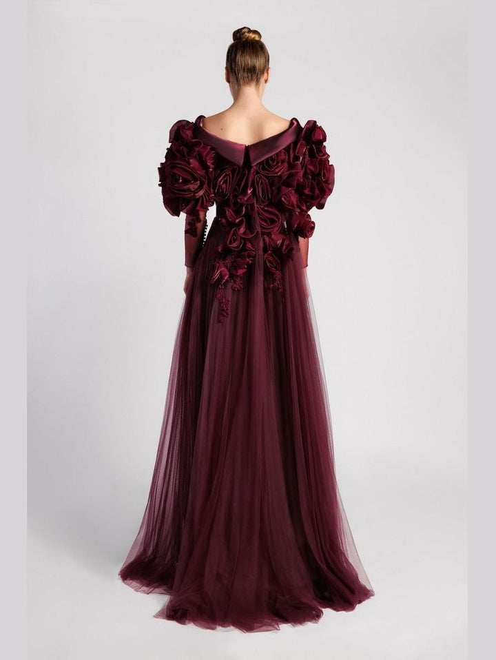 A-Line Evening Dress with Flower Sleeves and Pleated Skirt