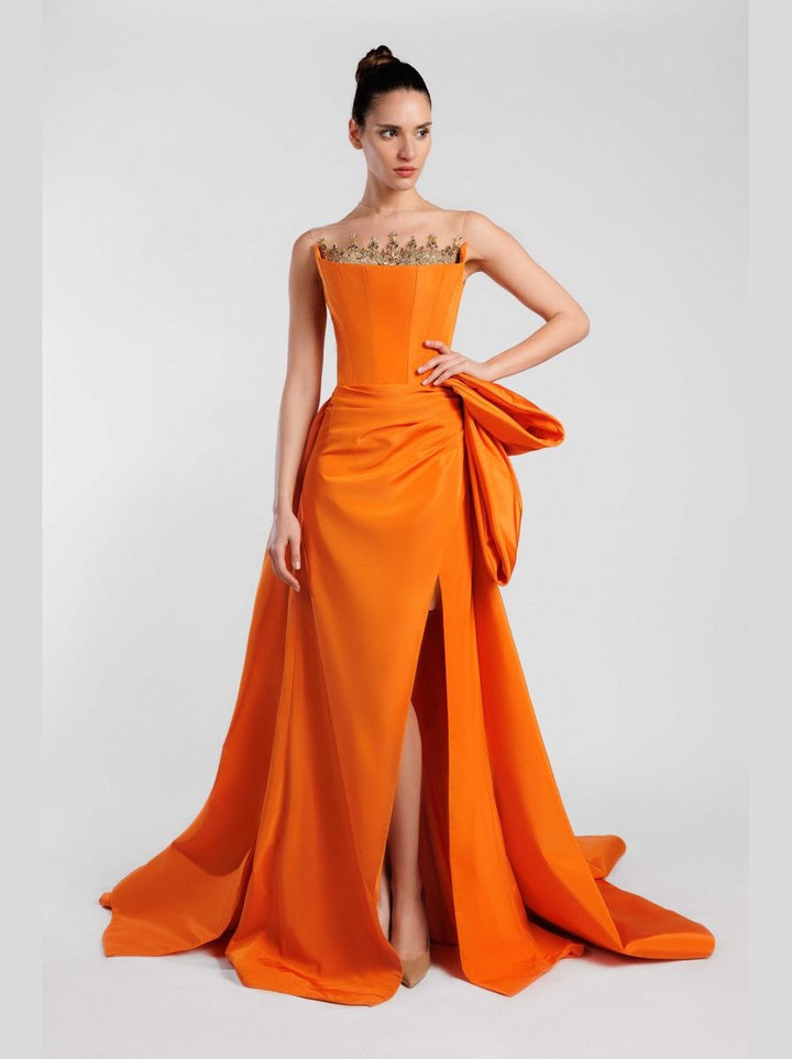 Embroidered Strapless Evening Dress with Pleated Waist and Overskirt Train
