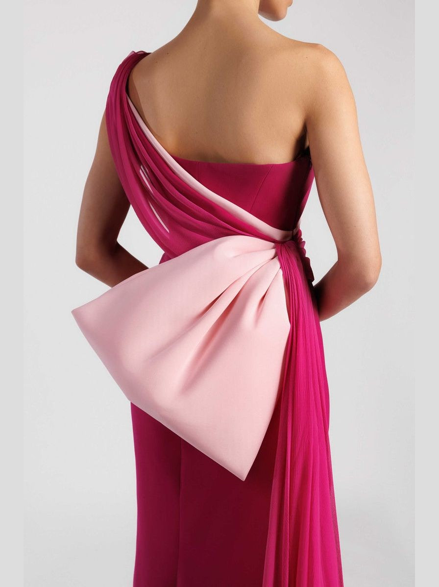 One-Shoulder Evening Dress with Side Train and Bow Accent