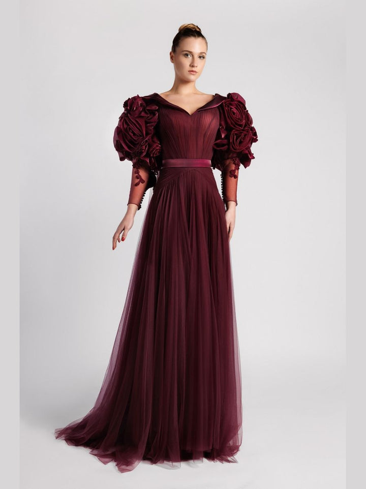 A-Line Evening Dress with Flower Sleeves and Pleated Skirt