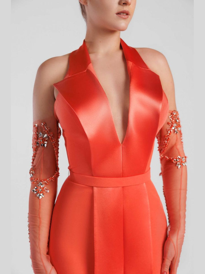 Halter Neck Mermaid Evening Dress with Plunging V Neckline and Gloves
