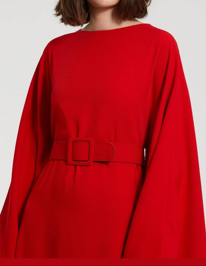 Crepe Boat Neck Caftan Maxi Dress With Belt