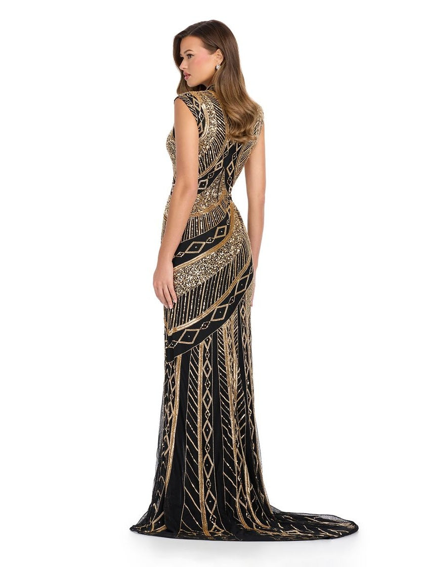 Fully Beaded Gown with High Neckline & Center Slit