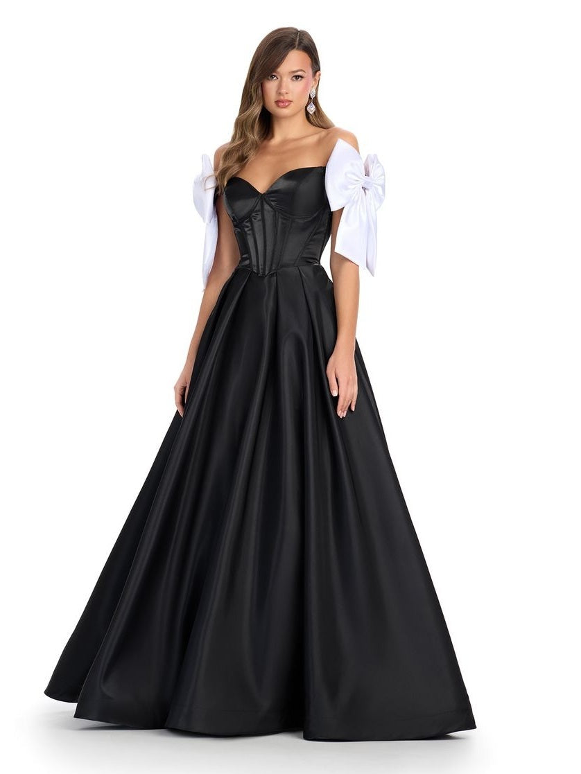 Satin A-Line Gown with Corset Bustier & Off Shoulder Bows