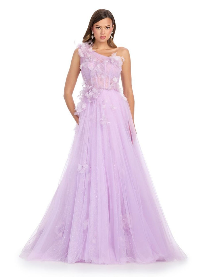 One Shoulder Tulle Ball Gown with Floral Accents