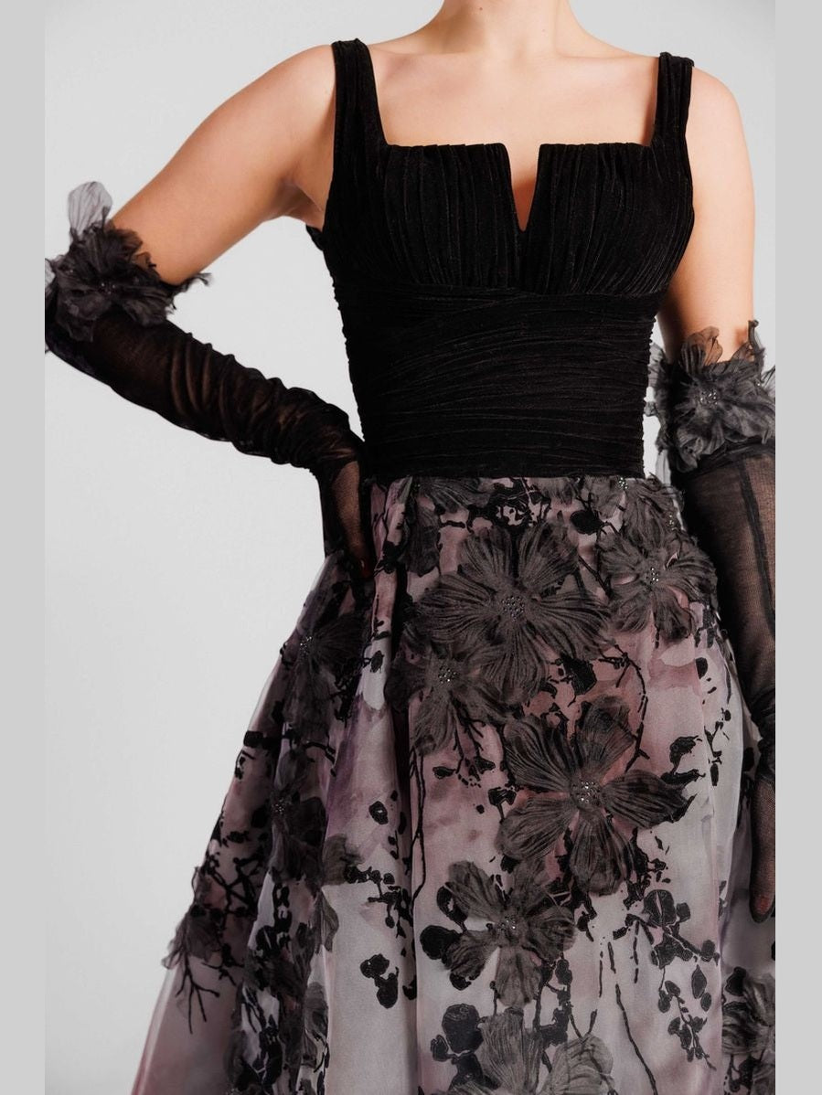 A-Line Evening Dress with Straight Neckline, Velvet Bodice, Embroidered Skirt and Gloves