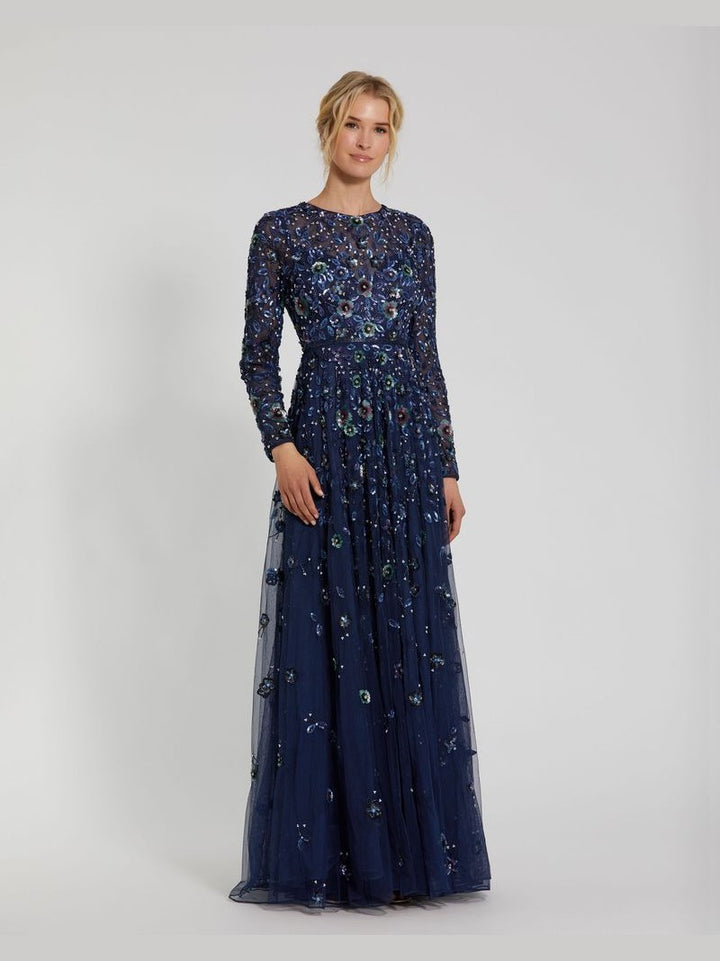 Embellished High Neck Long Sleeve A Line Gown