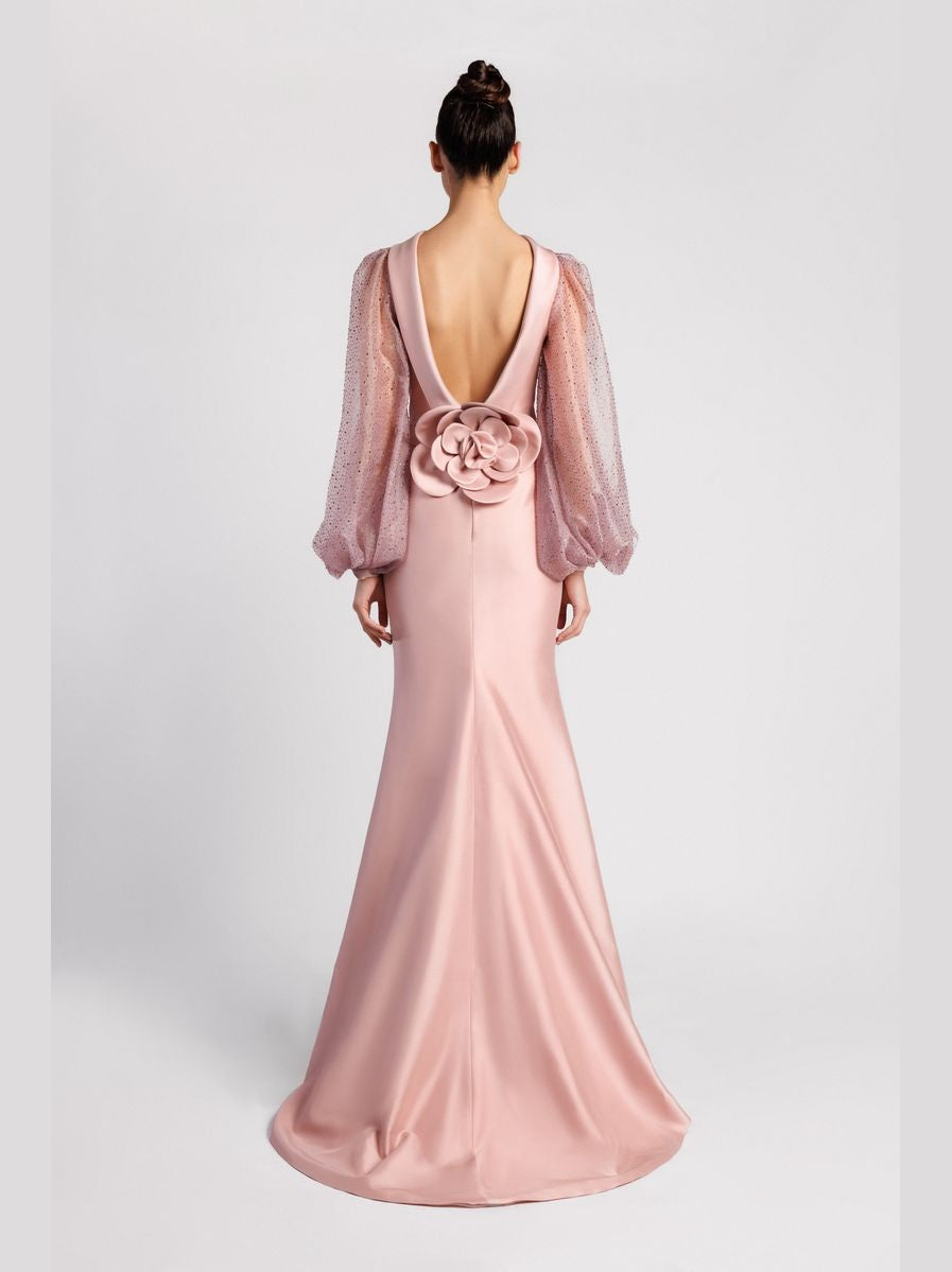 Mermaid Dress with Crystal-Embroidered Bishop Sleeves