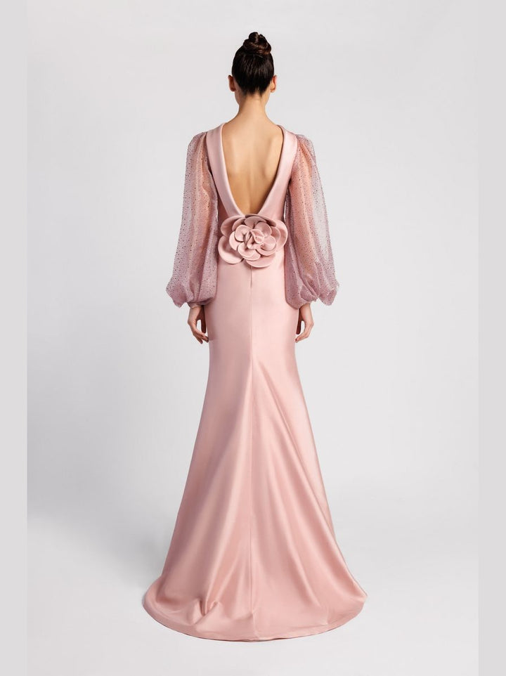 Mermaid Dress with Crystal-Embroidered Bishop Sleeves