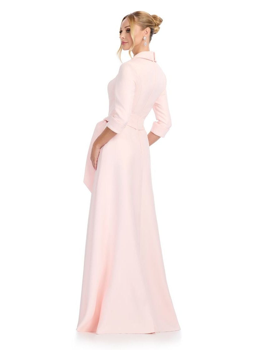 Satin Long Sleeve Gown with Deep V Neckline